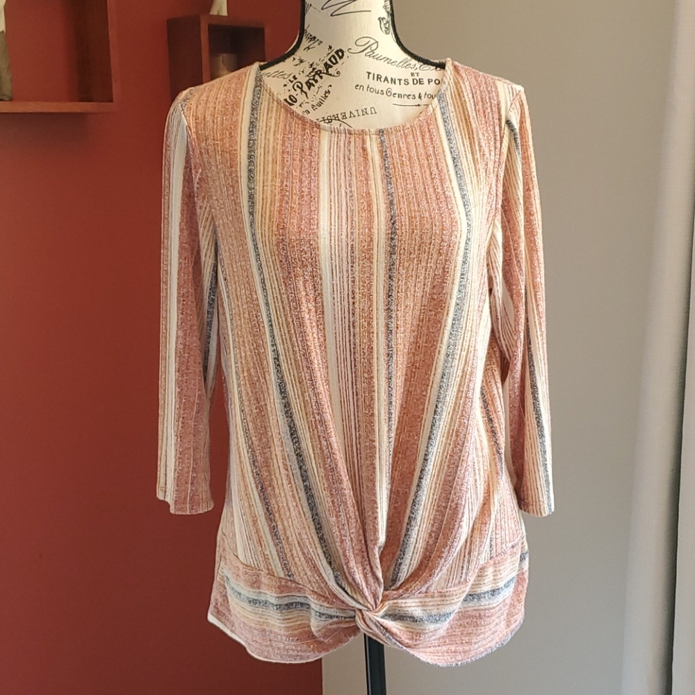 Another Reason 3/4 Sleeve Vertical Stripe Front Twist Top, Medium